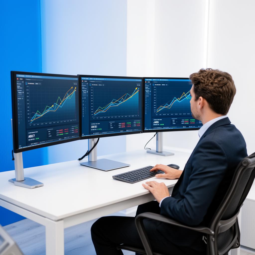 A professional man in business attire analyzes financial charts and performance metrics displayed across three computer monitors at his desk.