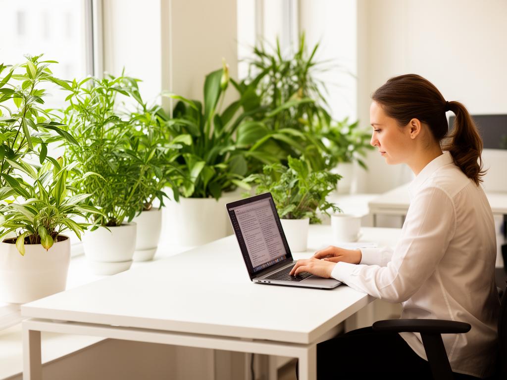 Woman in a white shirt working on a laptop at a desk surrounded by potted plants near a bright window.