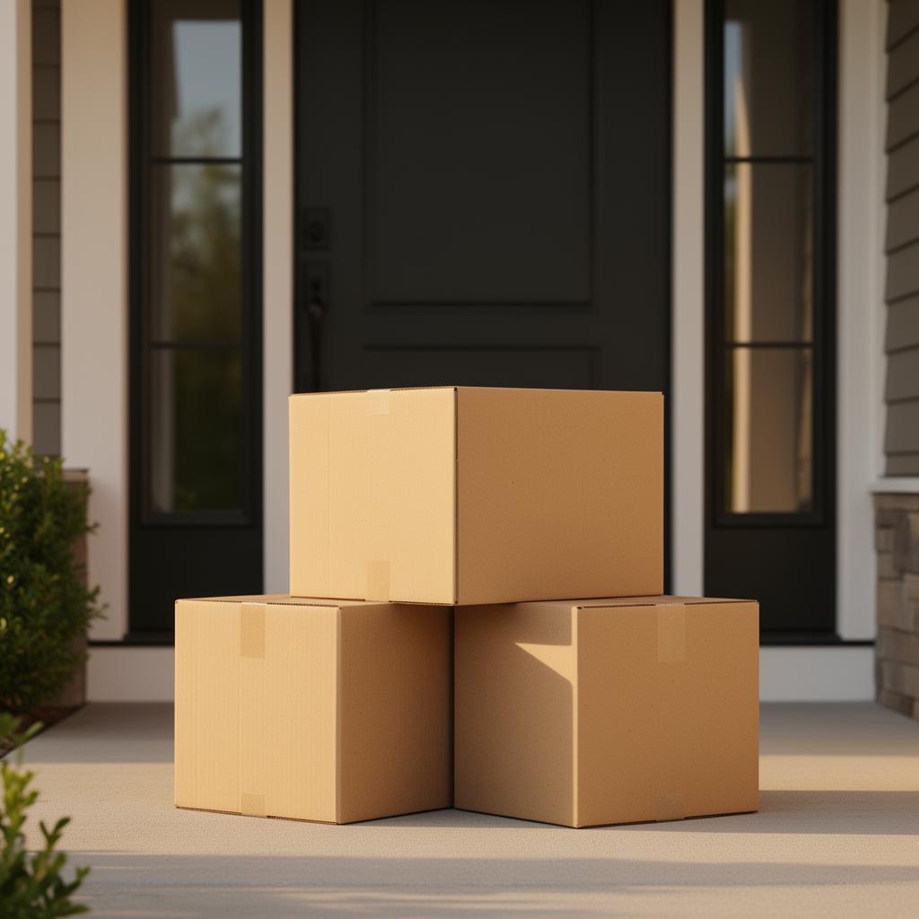 Three stacked cardboard boxes sit on a modern home entrance with a black door and sidelights in the background.