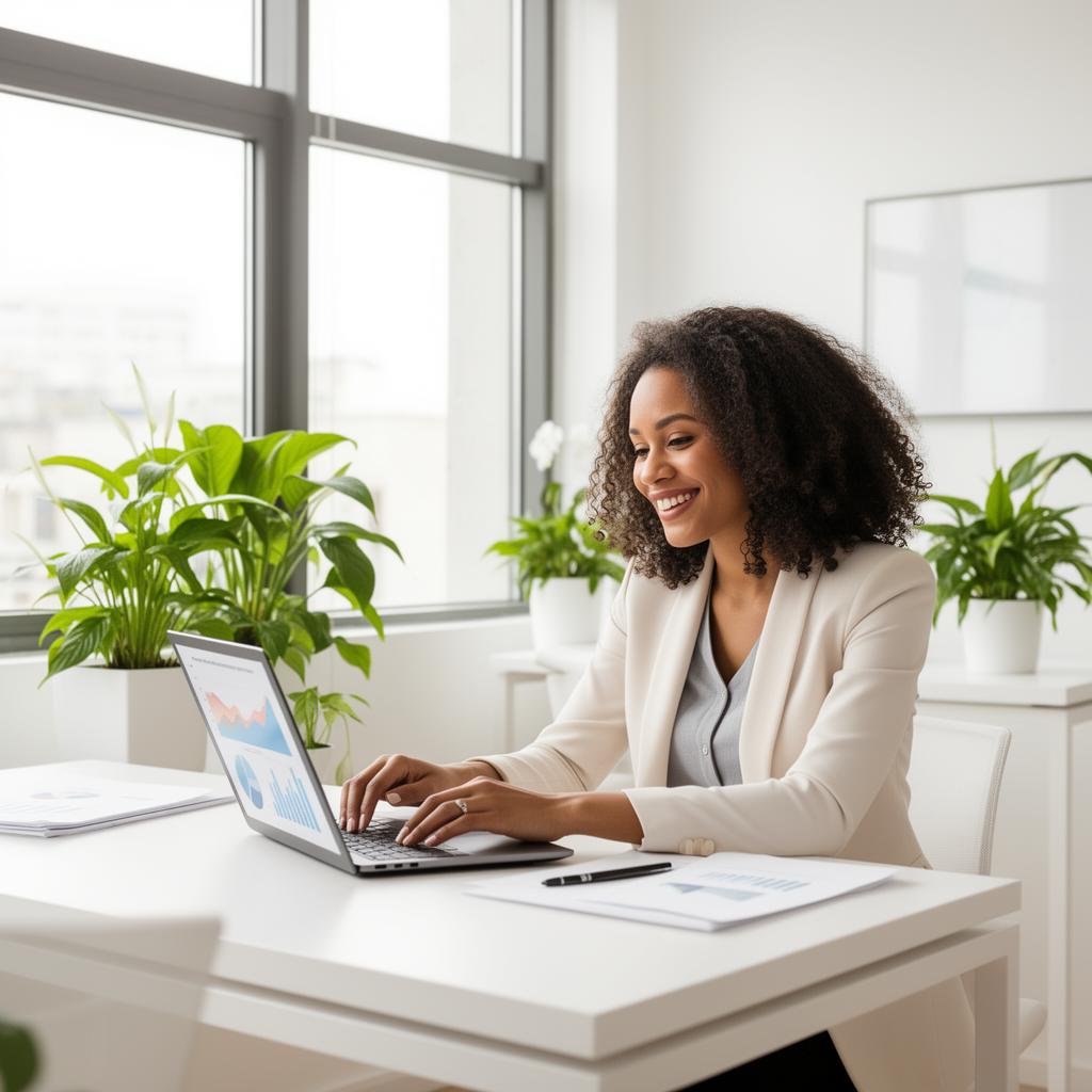 Professional woman in a beige blazer working on a laptop at a modern white desk with potted plants and large windows in a bright office environment.