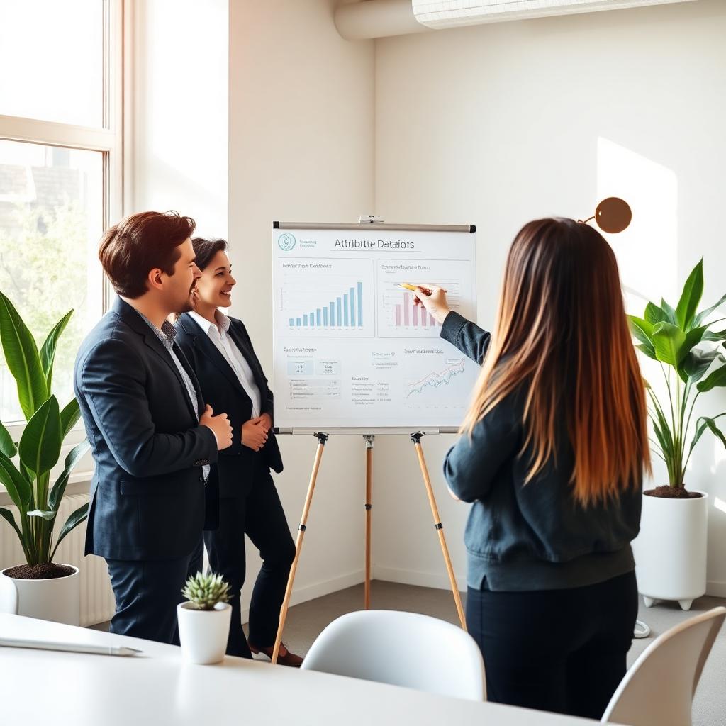 Three business professionals review data analytics on a whiteboard presentation in a modern office meeting room.
