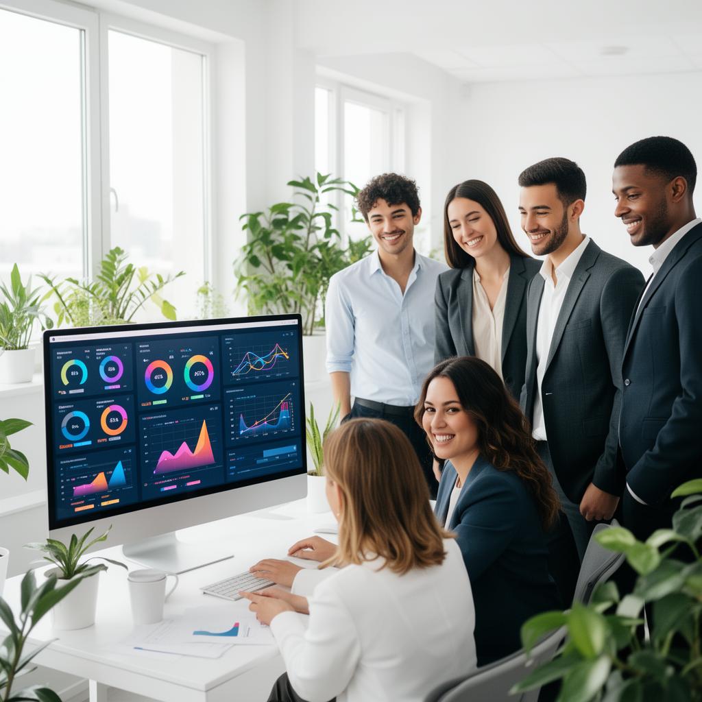 A diverse team of business professionals gathered around a desk reviewing colorful analytics dashboards and performance metrics on a desktop monitor in a bright, plant-filled office.