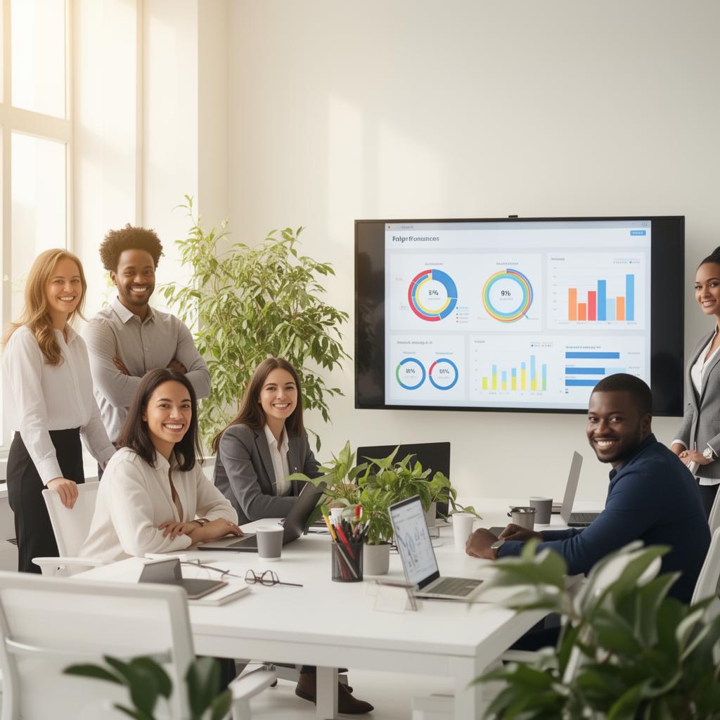 A diverse team of seven business professionals smiles at a conference table while reviewing colorful analytics dashboards displayed on a wall-mounted screen.