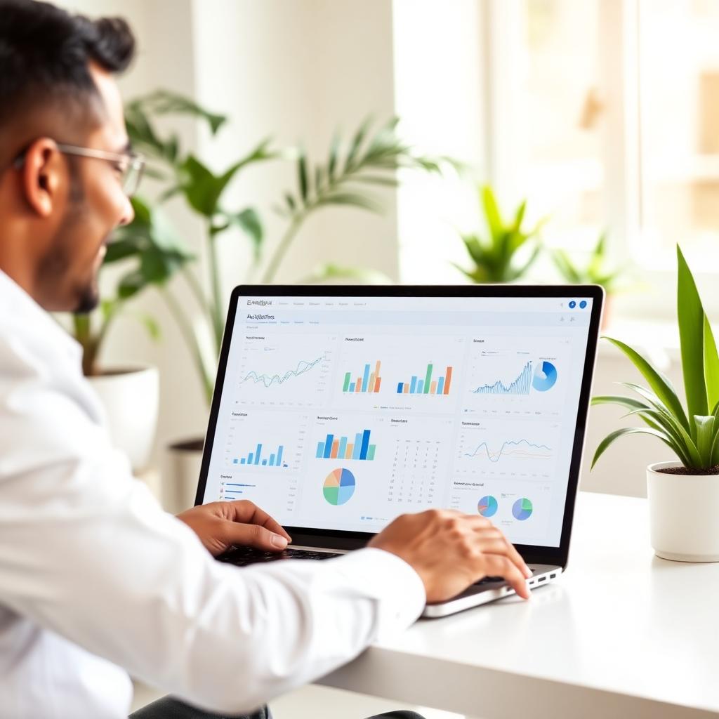A professional man wearing glasses reviews a laptop displaying various analytics dashboards with charts, graphs, and performance metrics while seated at a desk with potted plants.