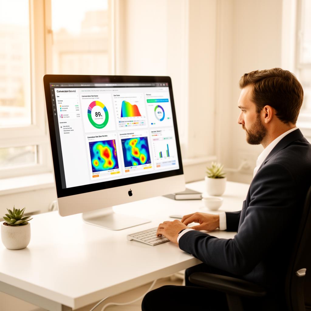 A business professional in formal attire reviews conversion rate optimization analytics and heatmaps on a desktop computer in a bright office environment.