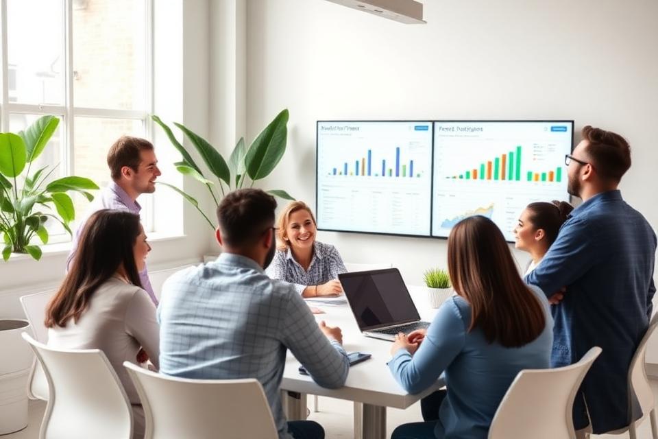 A diverse team of six professionals collaborates around a white conference table while reviewing performance analytics displayed on two monitors mounted on the wall.