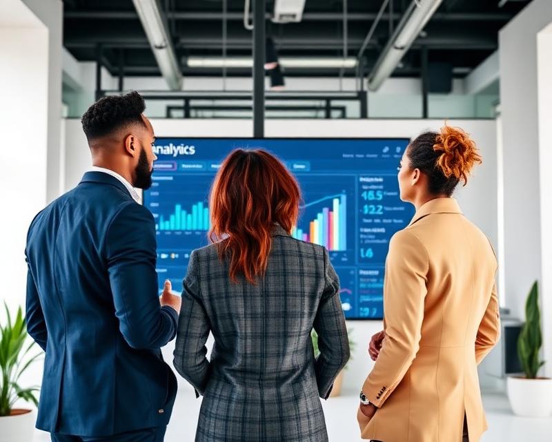 Three business professionals in an office setting review analytics data displayed on a large blue digital dashboard screen.