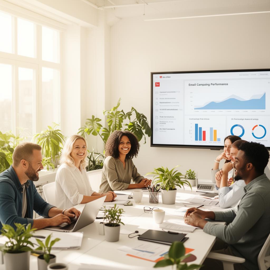 A diverse team of five professionals collaborates around a conference table while reviewing email campaign performance metrics displayed on a wall-mounted screen.