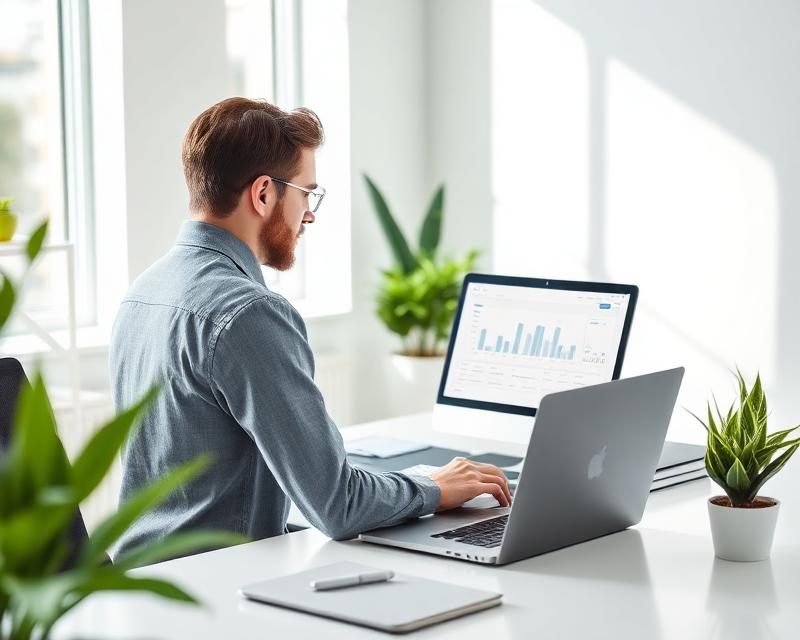 A professional man wearing glasses and a blue shirt works at a white desk with a laptop and tablet displaying analytics charts, surrounded by potted plants near bright windows.