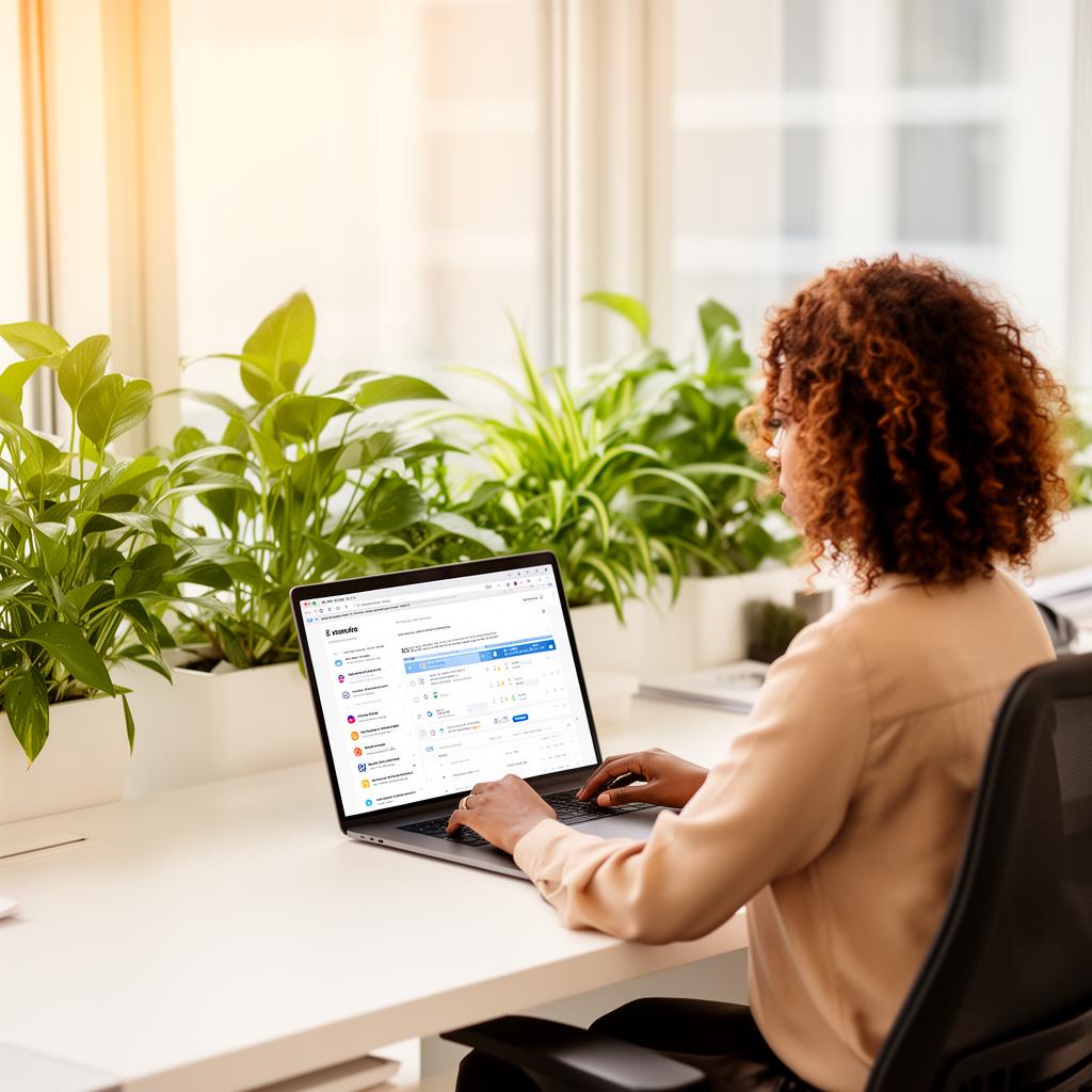 A professional woman with curly auburn hair works at a laptop displaying analytics data while seated at a bright desk surrounded by potted plants near a window.