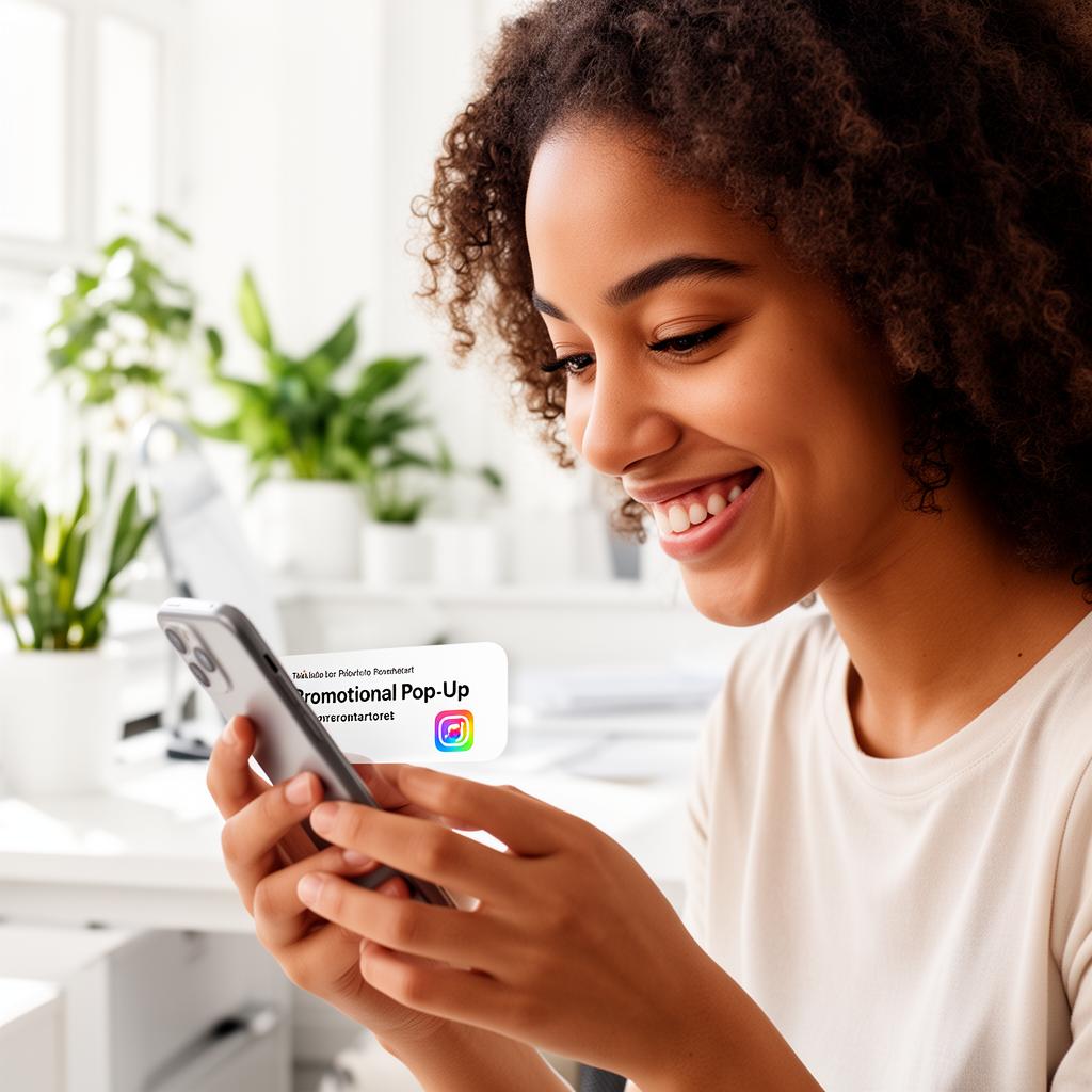 Woman smiling while viewing a promotional pop-up notification on her smartphone in a bright, plant-filled office environment.