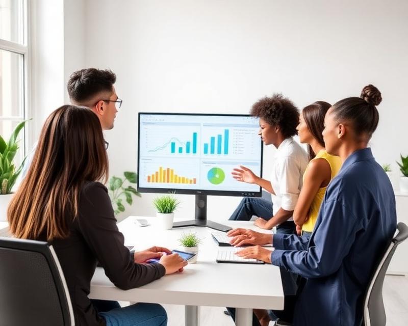 A diverse team of five professionals reviewing performance analytics and bar charts on a monitor during a business meeting.