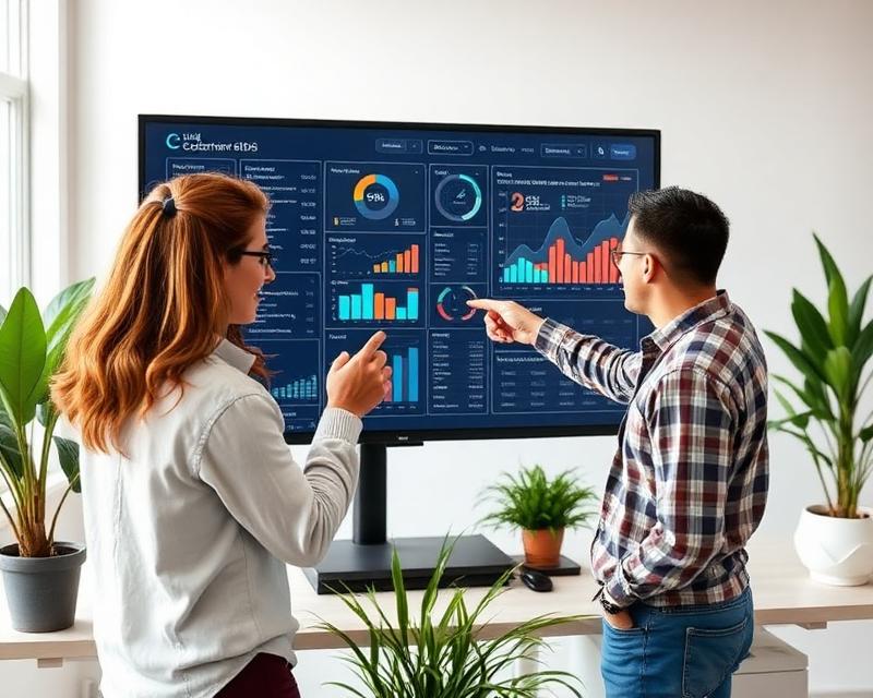 Two professionals review a customer analytics dashboard displaying performance metrics and data visualizations on a large monitor in a modern office environment.