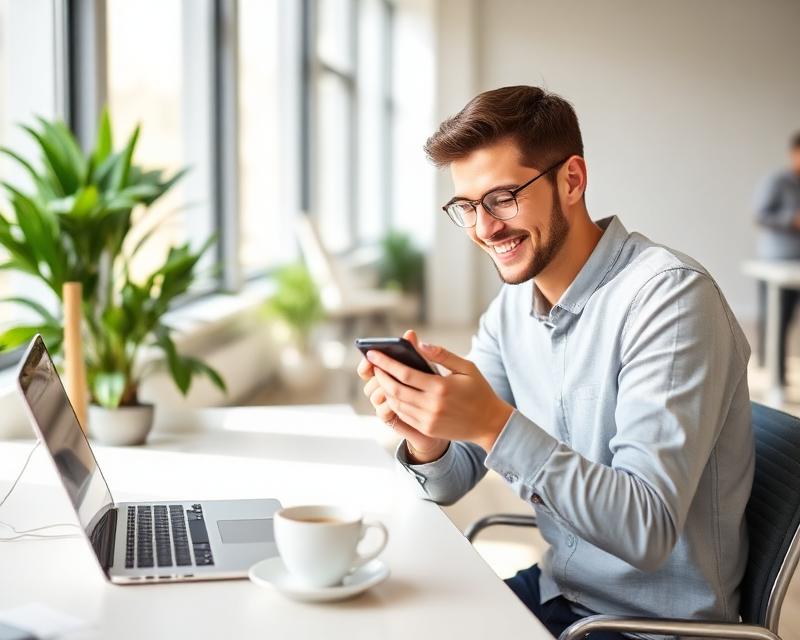 A professional man wearing glasses smiles while holding a smartphone at his desk, with a laptop and coffee cup nearby in a bright office environment.