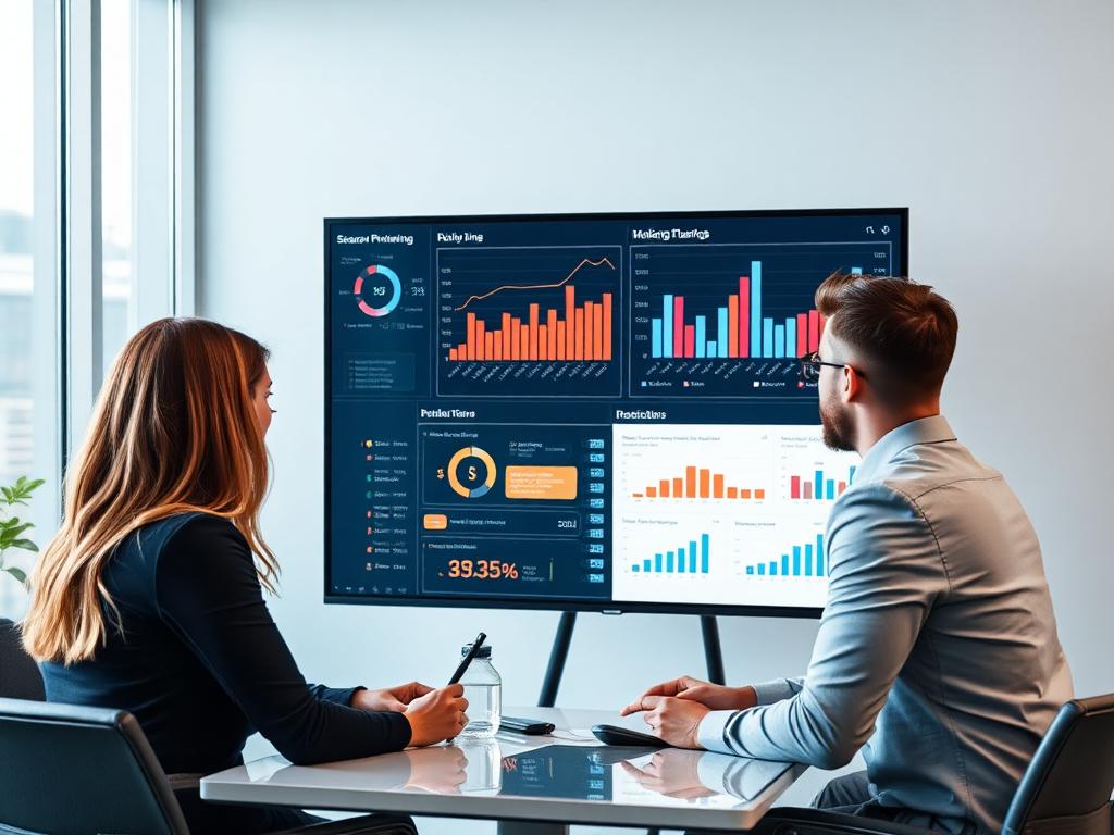 Two business professionals review data analytics and performance metrics displayed on a large dashboard monitor during a meeting.