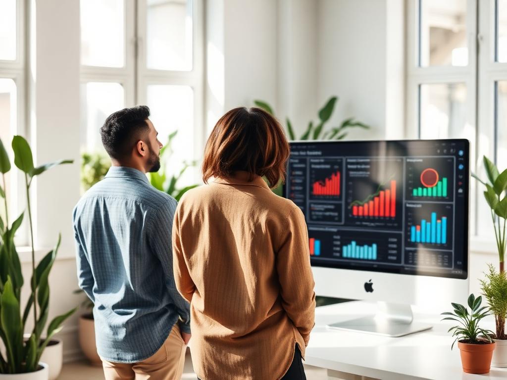 Two professionals review data analytics dashboards displaying red and blue bar charts on a computer monitor in a bright office with plants.