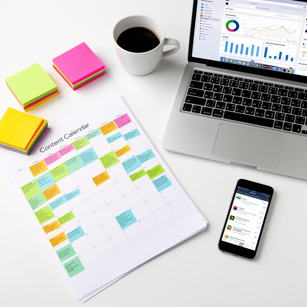 Organized digital marketing workspace featuring a content calendar with color-coded sticky notes, laptop displaying analytics dashboard, smartphone showing app interface, coffee cup, and colorful notepads.