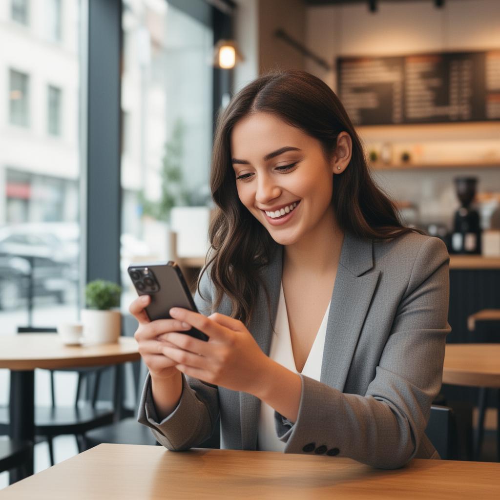 Professional woman in business attire smiling while using a smartphone at a wooden table in a modern office café.