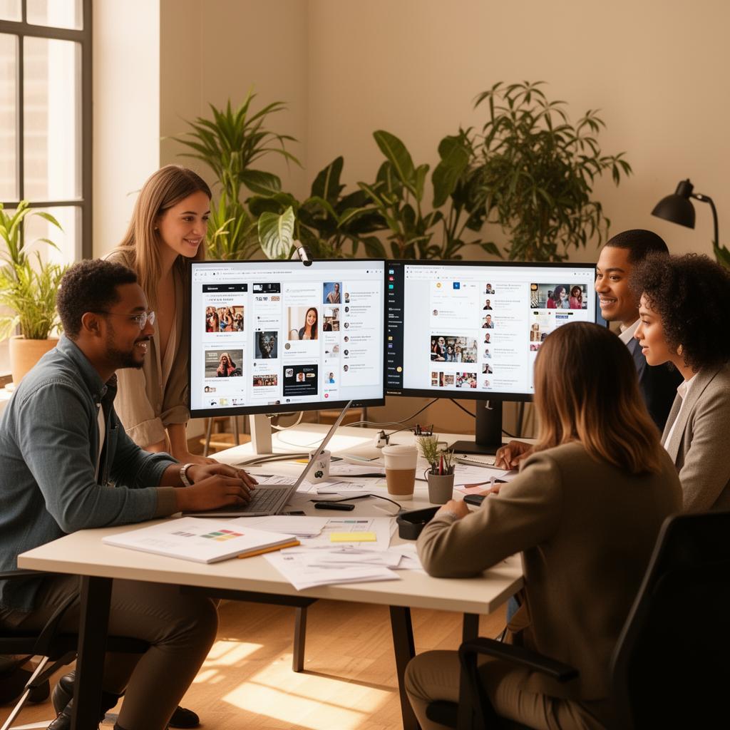 A diverse team of five professionals collaborates around a desk while reviewing social media analytics and content on dual monitors in a modern office environment with natural light and plants.