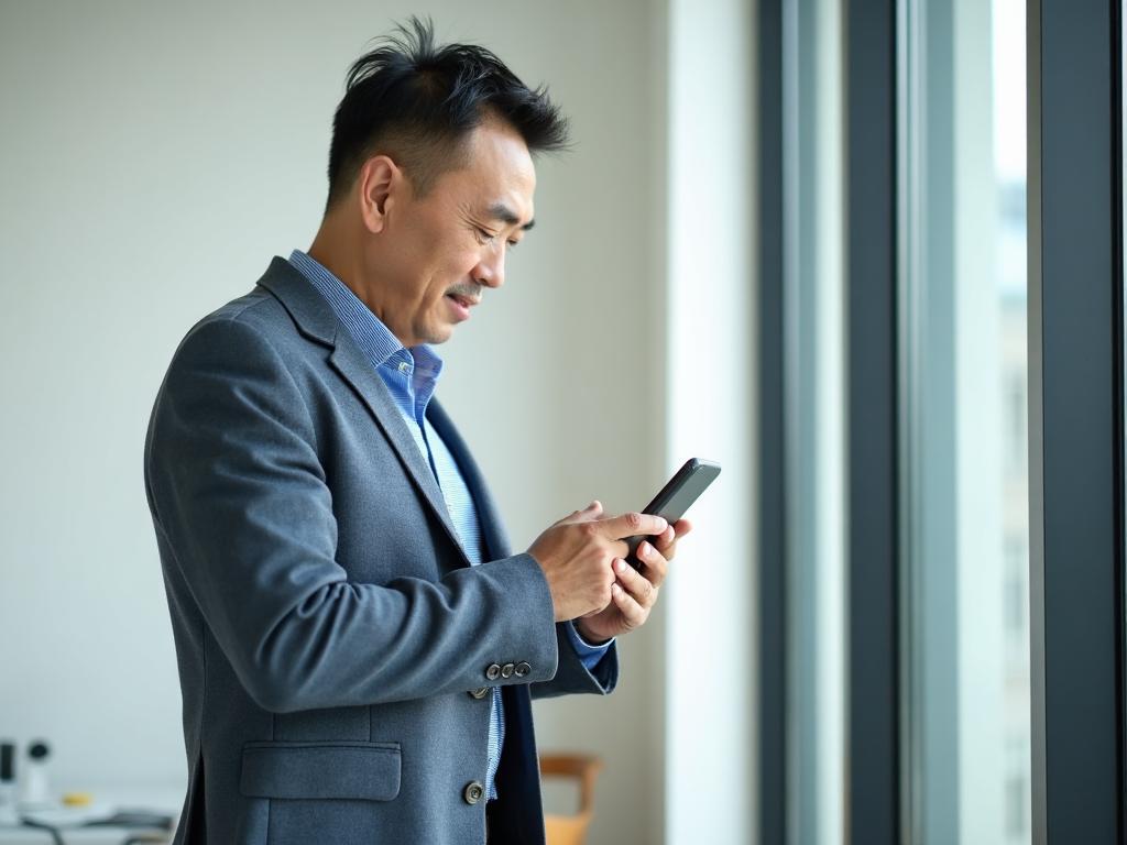 Professional man in business attire viewing content on a smartphone near a modern office window.