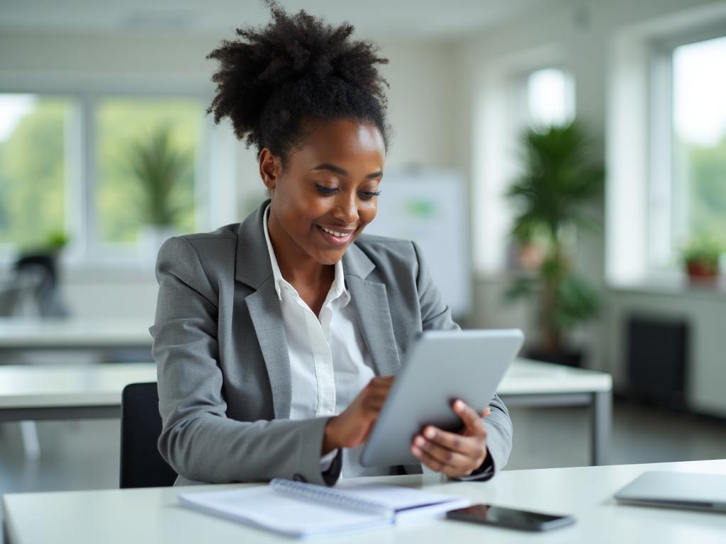 Professional woman in business attire smiling while viewing a tablet at her desk in a modern office environment.