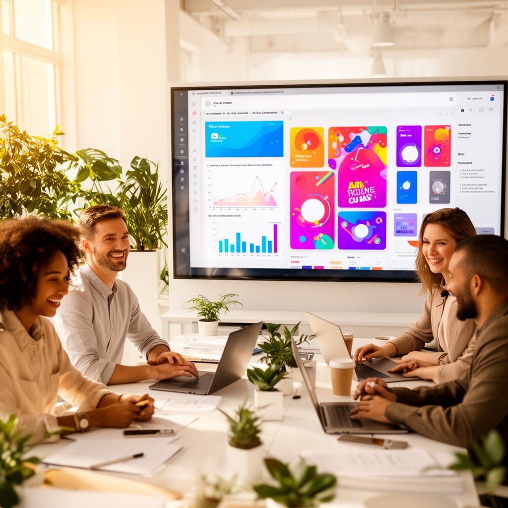 Four creative professionals collaborate around a conference table while reviewing colorful social media and design mockups displayed on a large wall-mounted screen.