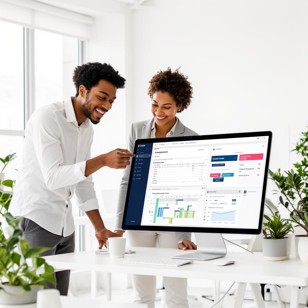 Two professionals collaborating at a desk while reviewing analytics dashboards and performance metrics on a computer monitor in a bright office environment.