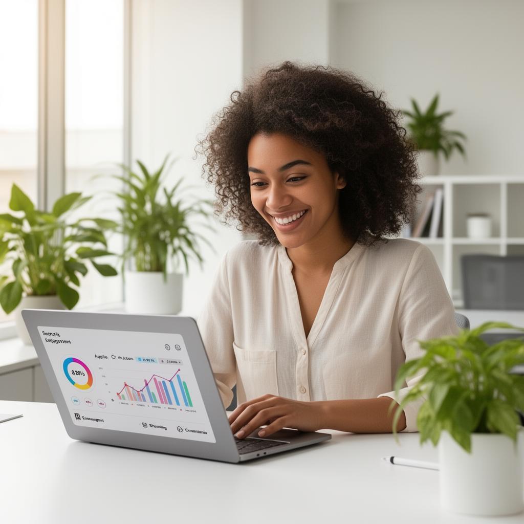 A smiling professional woman with curly hair reviews social media analytics and engagement metrics on her laptop at a bright, plant-filled desk.