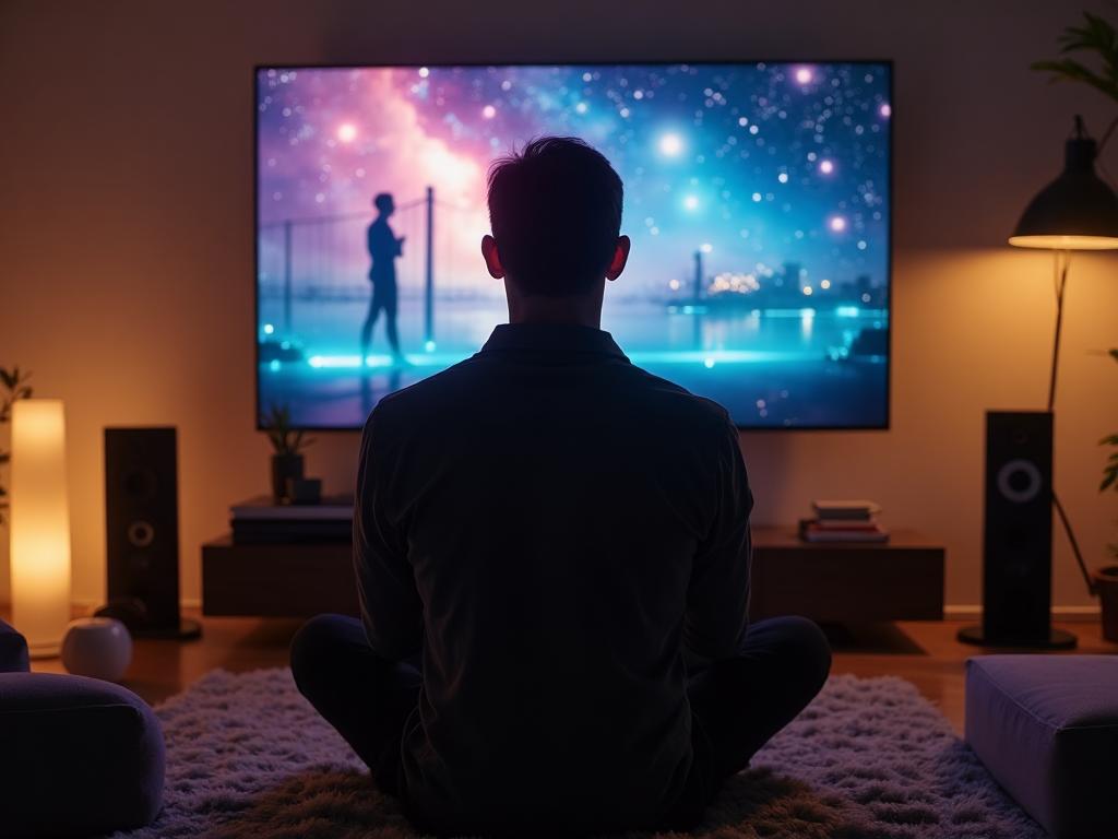 A man sits cross-legged facing a large screen displaying a silhouetted figure against a vibrant blue and purple cityscape with bokeh lights.