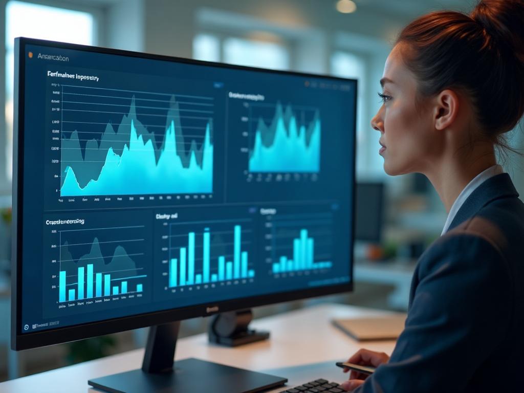 Business professional reviews financial performance metrics and analytics dashboards displayed on a computer monitor in an office environment.