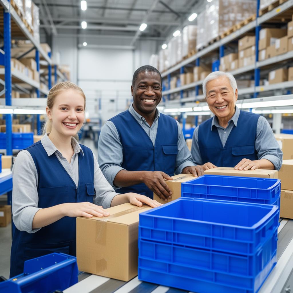 Three warehouse workers in blue vests smile while handling cardboard boxes and blue plastic crates in a modern distribution center.