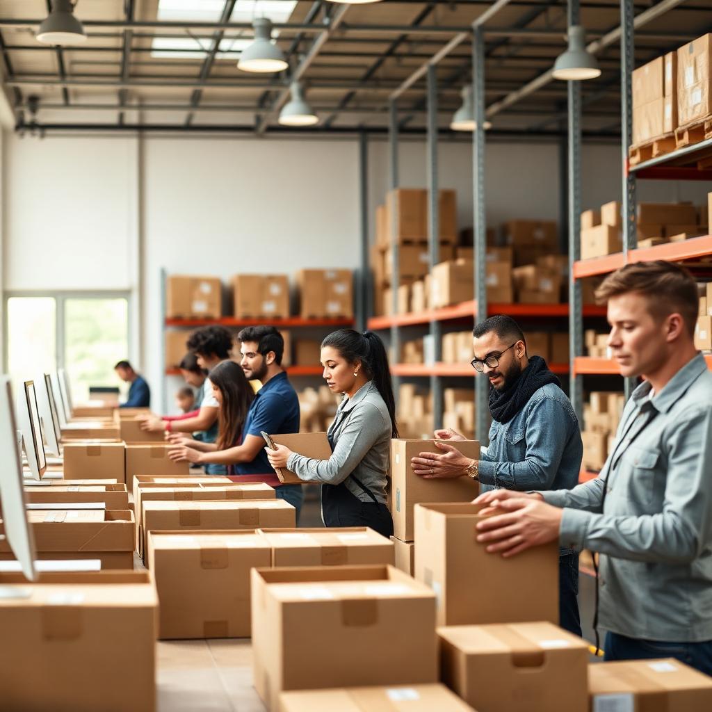 Warehouse workers of diverse backgrounds process and pack cardboard boxes at a fulfillment center workstation.