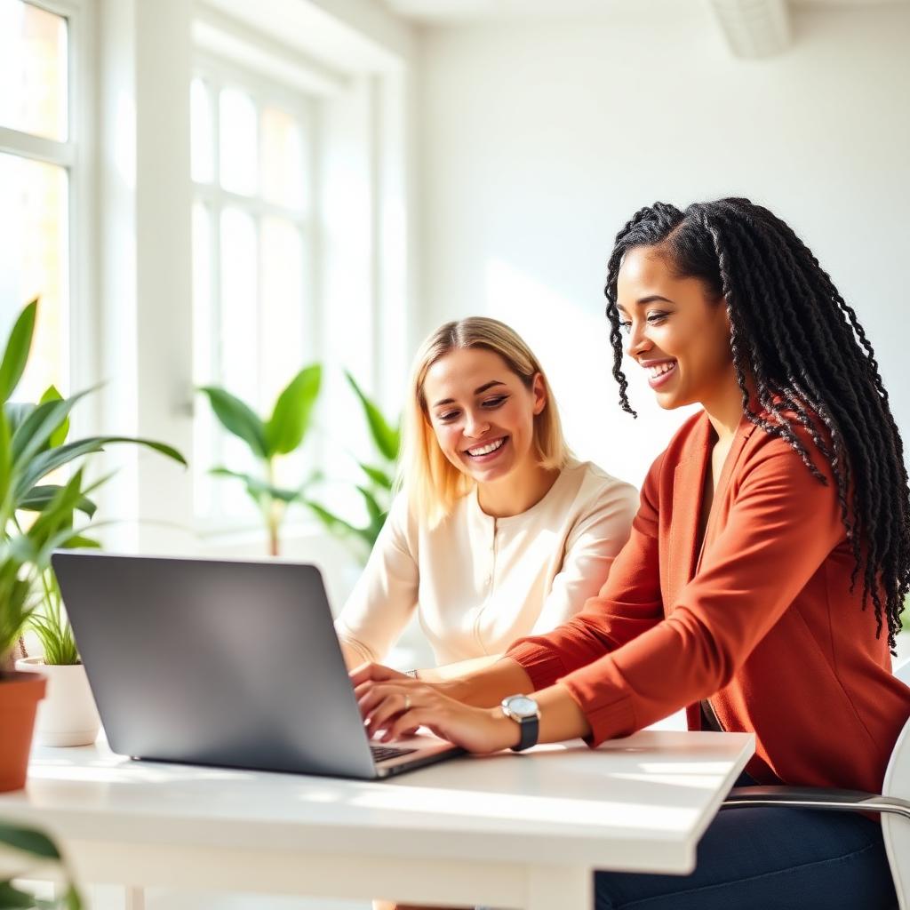 Two women collaborate at a laptop in a bright office workspace with natural light and potted plants.