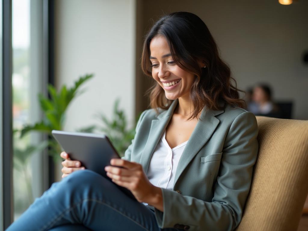 Professional woman in business casual attire smiling while using a tablet device in a modern office environment.