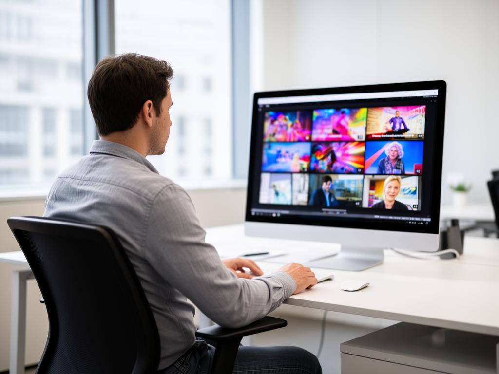 Professional man seated at a desk viewing a grid of colorful video thumbnails on his computer monitor in a modern high-rise office.