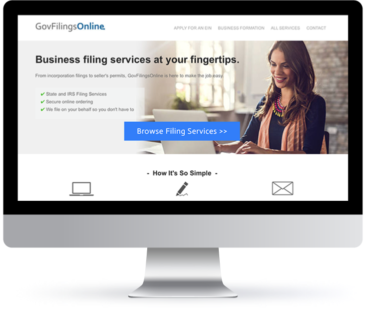 GovFilingsOnline website homepage displaying business filing services with a professional woman using a tablet and a blue "Browse Filing Services" button.