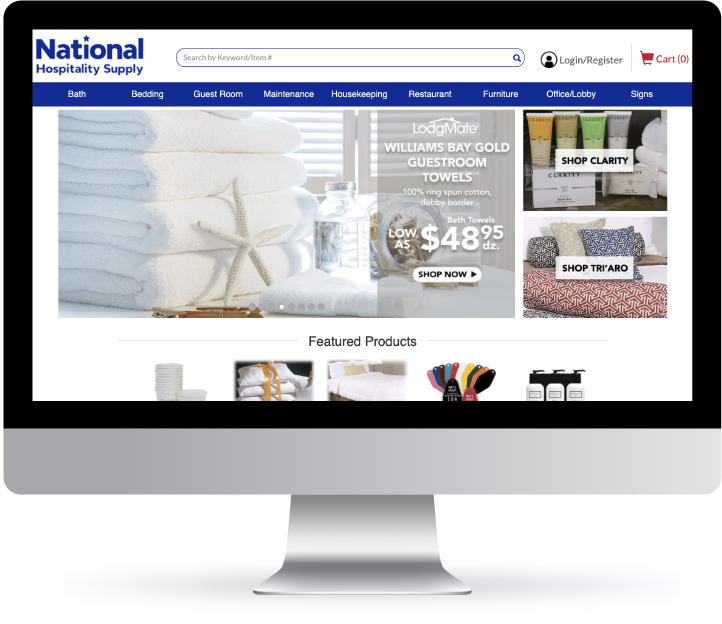 National Hospitality Supply website homepage displaying bath and bedding product categories with featured towel promotion and product listings.