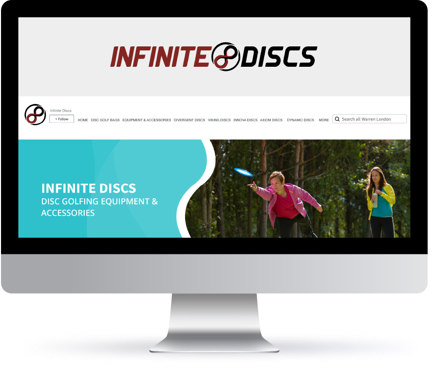 Infinite Discs website displaying disc golf equipment and accessories with two players throwing discs in a forest setting.