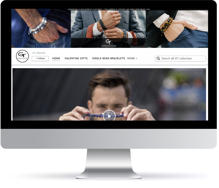 Man holding a blue beaded bracelet toward the camera while displaying premium stone jewelry for men on a collection website.