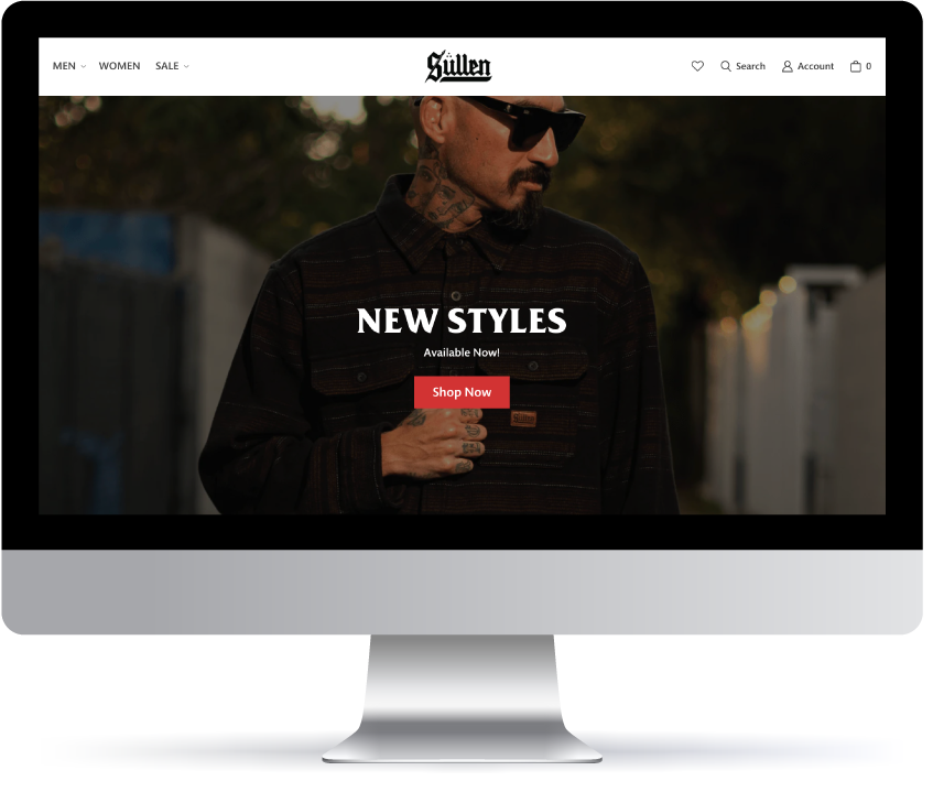 Man wearing black sunglasses and dark jacket with visible tattoos standing outdoors with "New Styles Available Now" promotional text and Shop Now button displayed.