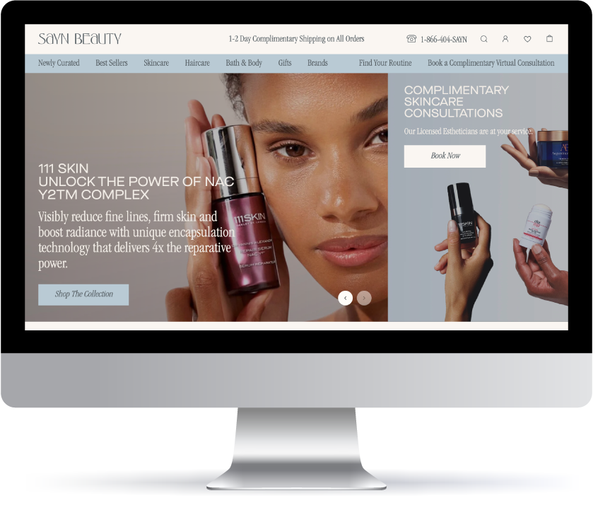 Woman holding red skincare bottles with text promoting 111 Skin's NAC Y2TM Complex for reducing fine lines and firming skin, displayed on the Savm Beauty website homepage.