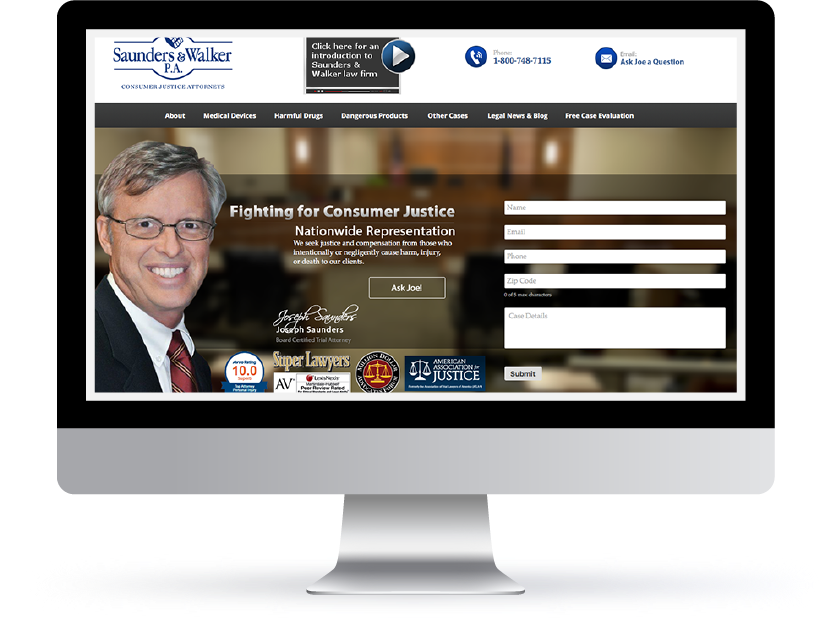 Saunders & Walker law firm website displaying an attorney in professional attire with contact form and credentials badges for consumer justice representation.