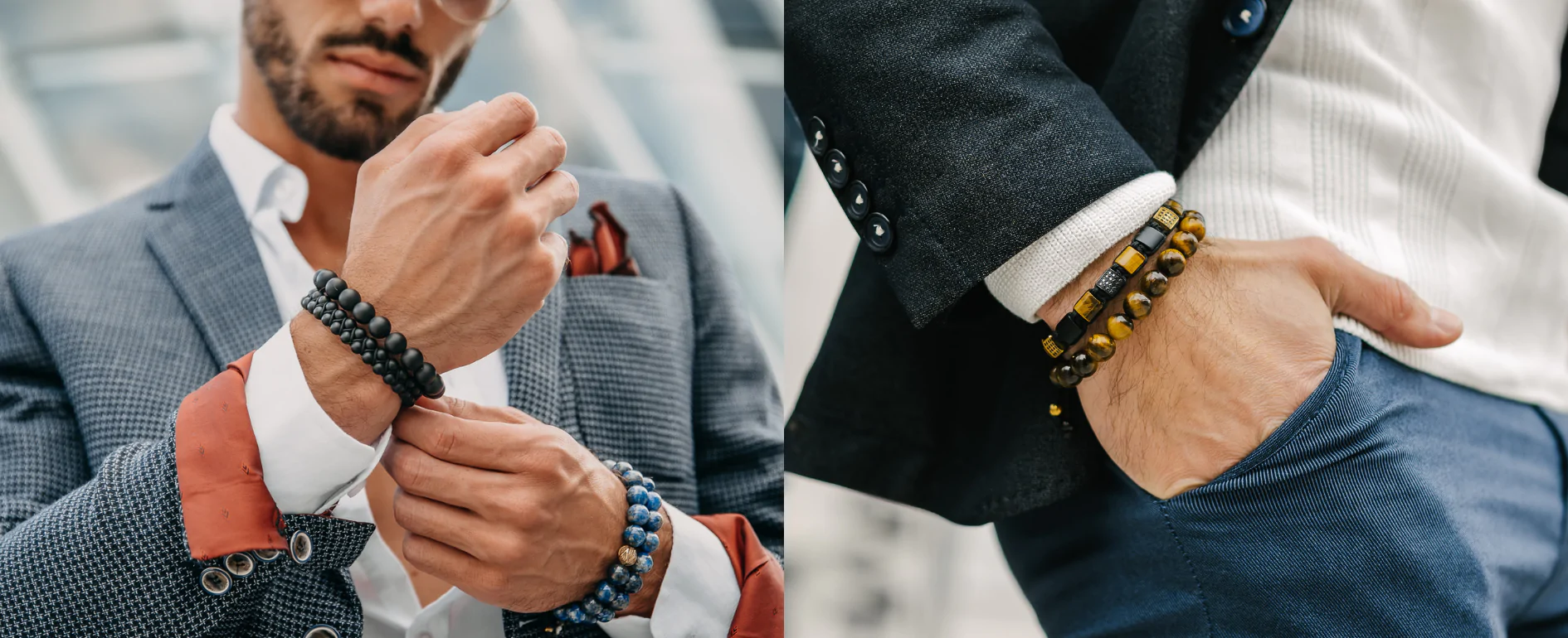 Two professionally dressed men shake hands while wearing beaded bracelets, demonstrating a business agreement or partnership.