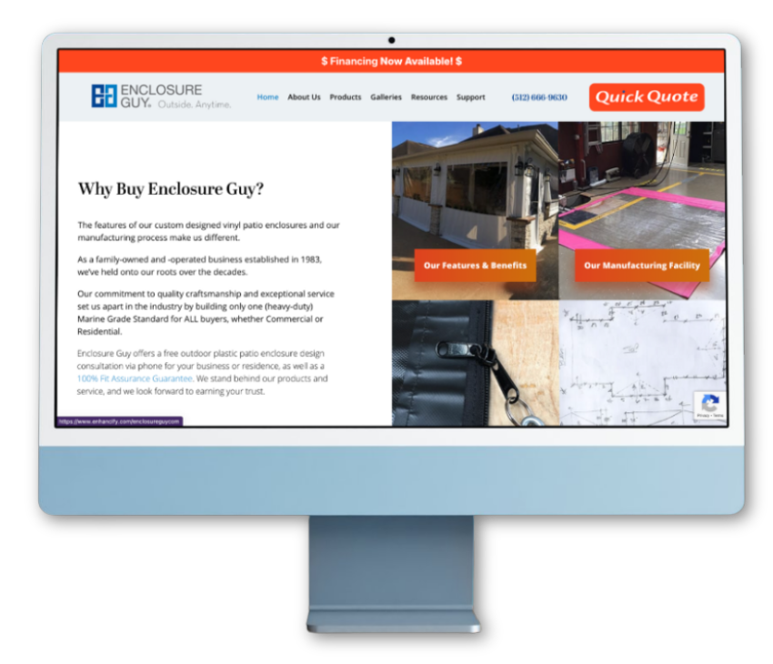 Enclosure Guy website homepage displaying company information, product features, manufacturing facility, and design consultation details on a desktop monitor.