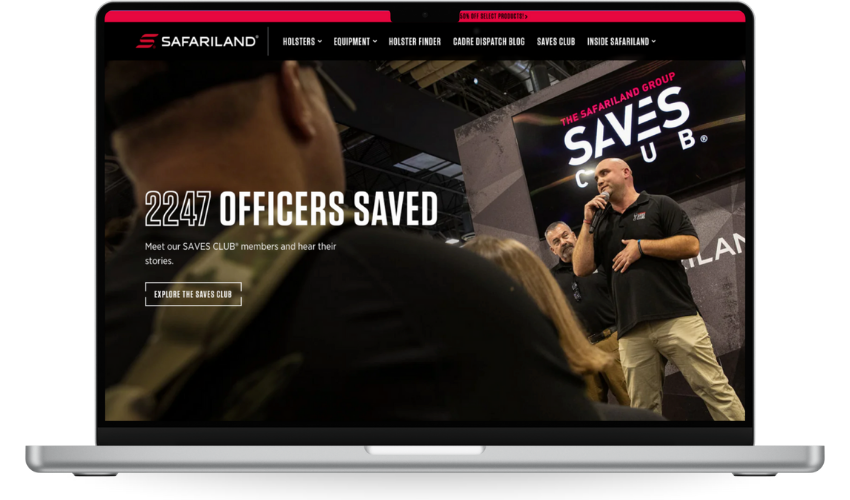 Safariland website homepage displaying 2247 officers saved statistic with a man speaking at a Saves Club event, promoting their member stories and community initiative.