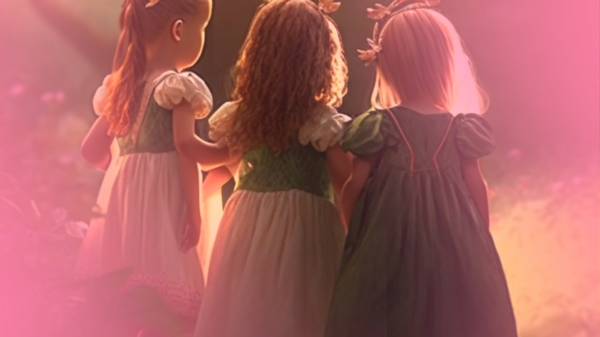 Three young girls in formal dresses stand together in a misty, rose-toned atmosphere with warm lighting.