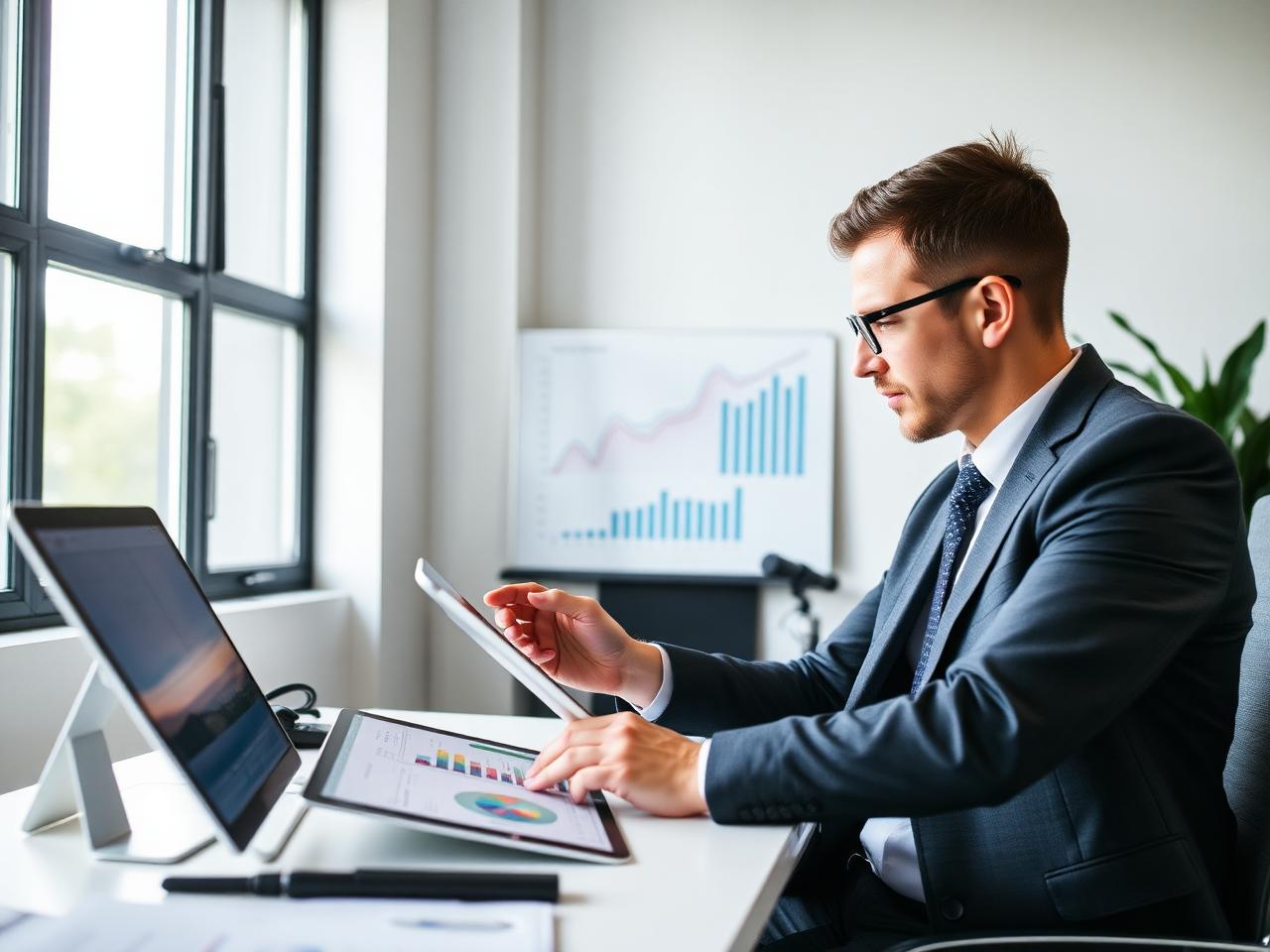 Professional businessman in business attire analyzes data charts and graphs on multiple devices at his desk in a modern office.