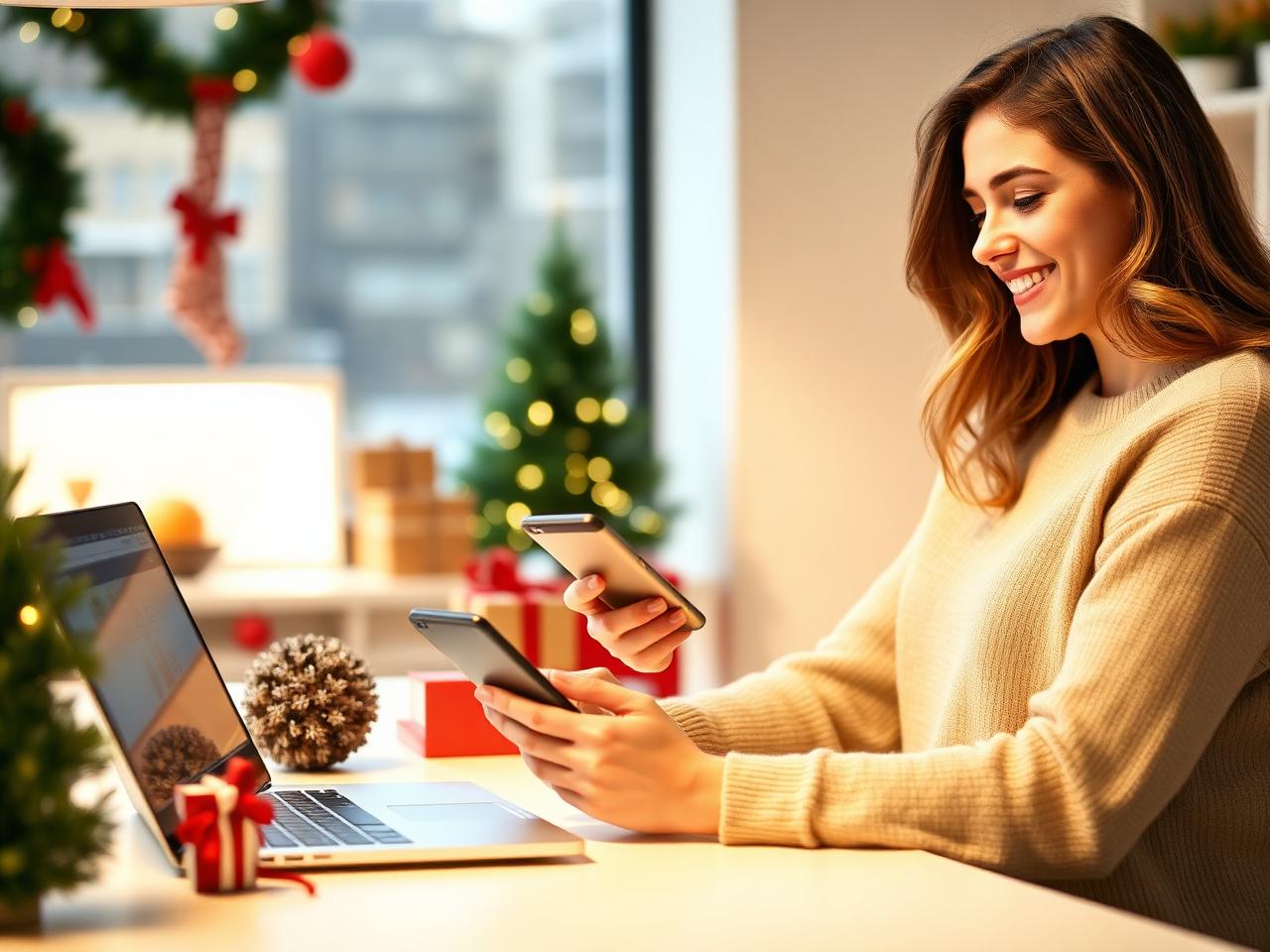 Woman in a beige sweater smiling while holding a smartphone at a desk with a laptop and holiday decorations in the background.