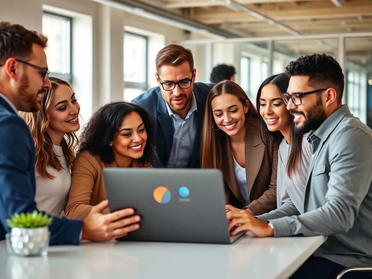 A diverse team of business professionals gathered around a laptop displaying analytics charts, smiling while reviewing data together in a modern office environment.