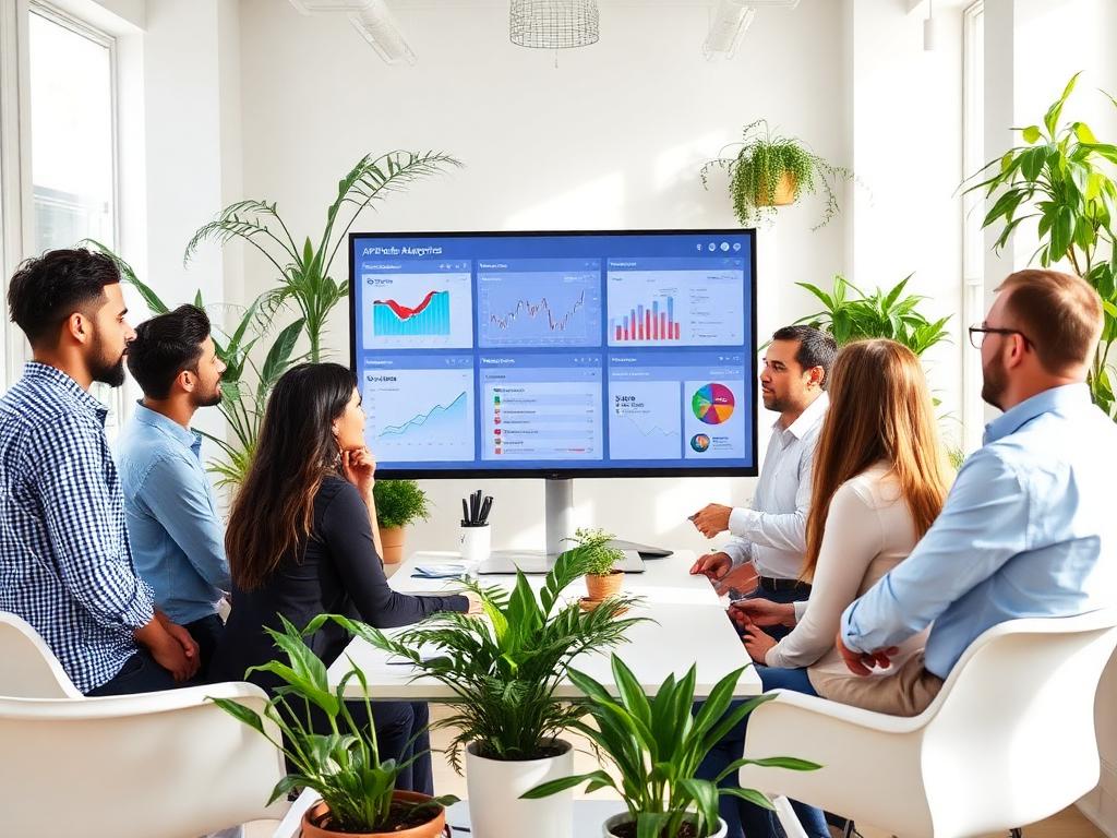 Business team of six professionals reviewing analytics dashboards and performance metrics on a large display screen in a modern office with plants.